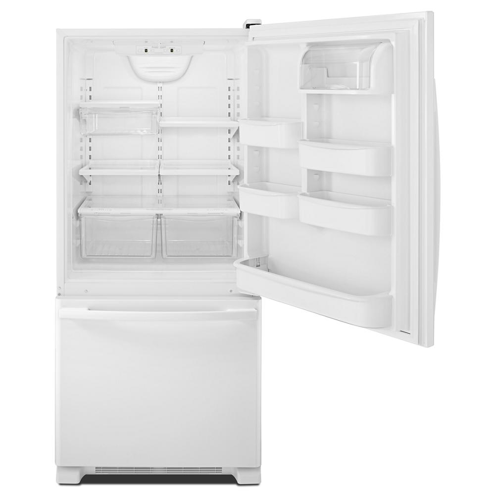 Open white bottom-freezer refrigerator with adjustable shelves and clear crisper drawers in appliances and kitchenware collection