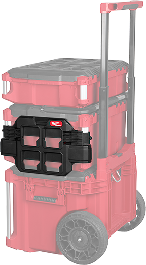 Red and black Milwaukee packable tool storage system with telescoping handle and durable wheels for home improvement use