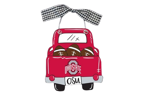 Red wooden truck ornament with Ohio State logo carrying three brown footballs, with plaid ribbon hanger for Christmas decor