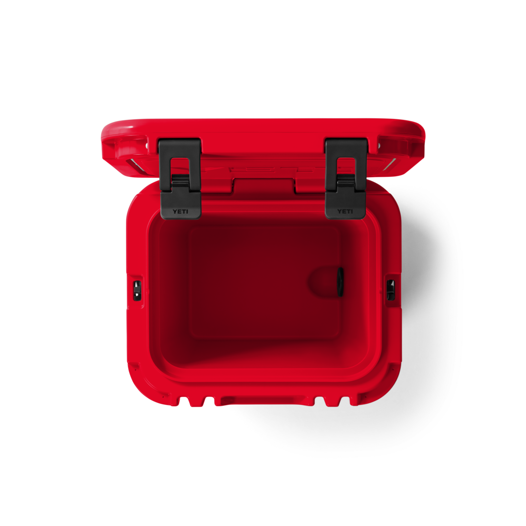 Bright red hard cooler from storage and food organization collections with secure black latches and insulated interior