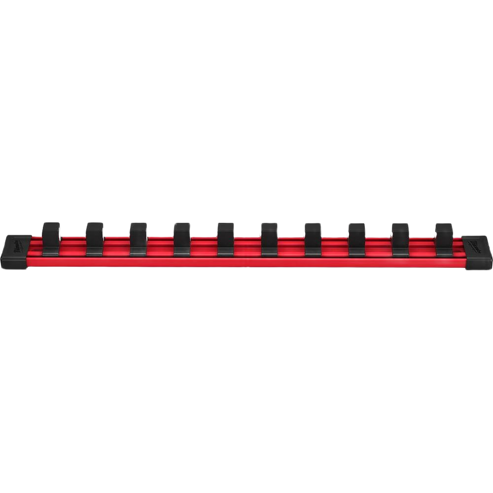 Red metal socket rail with black adjustable ball detent clips for workshop organization and tool storage under $50 collection