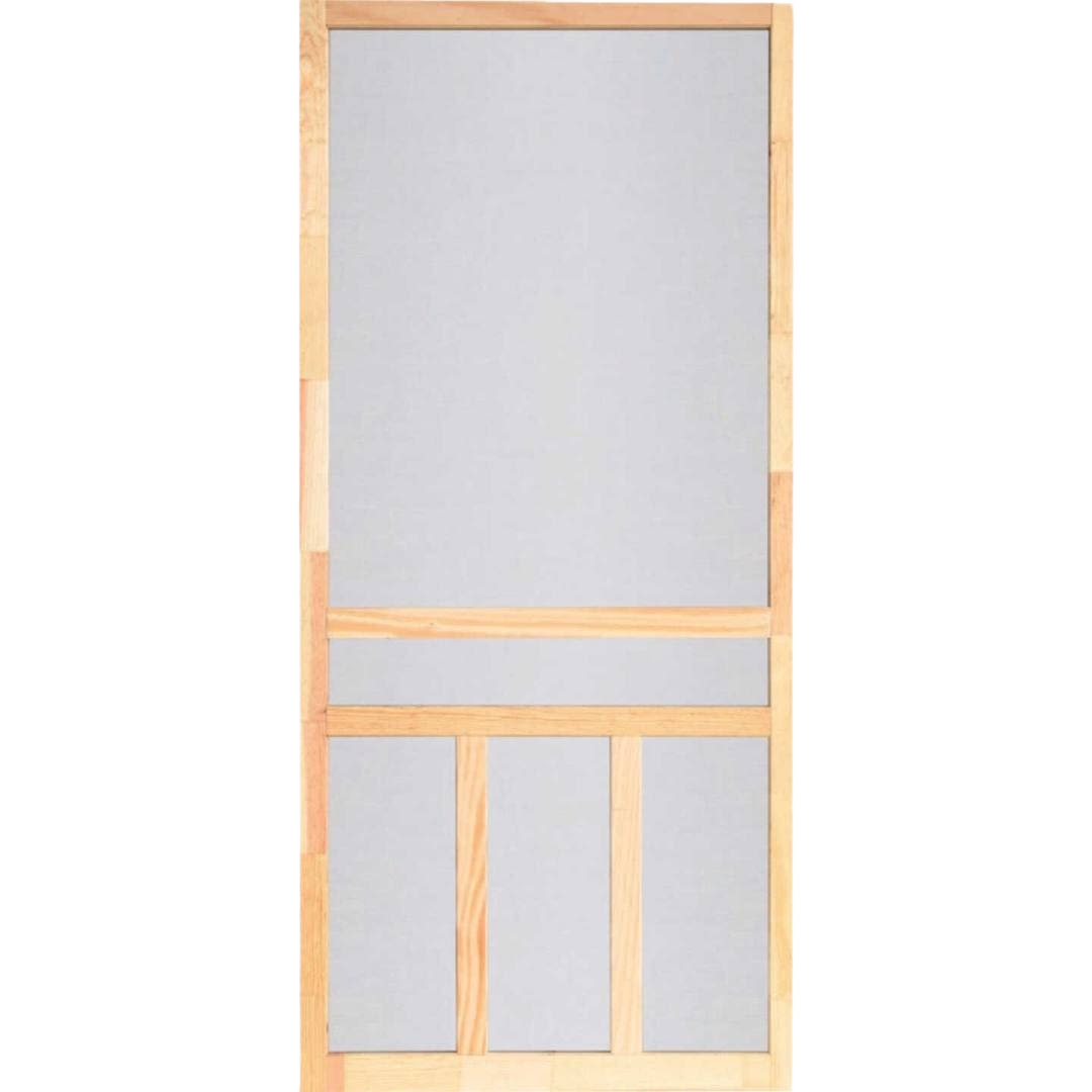 Natural wood frame T-bar screen door with light mesh for home improvement and outdoor use