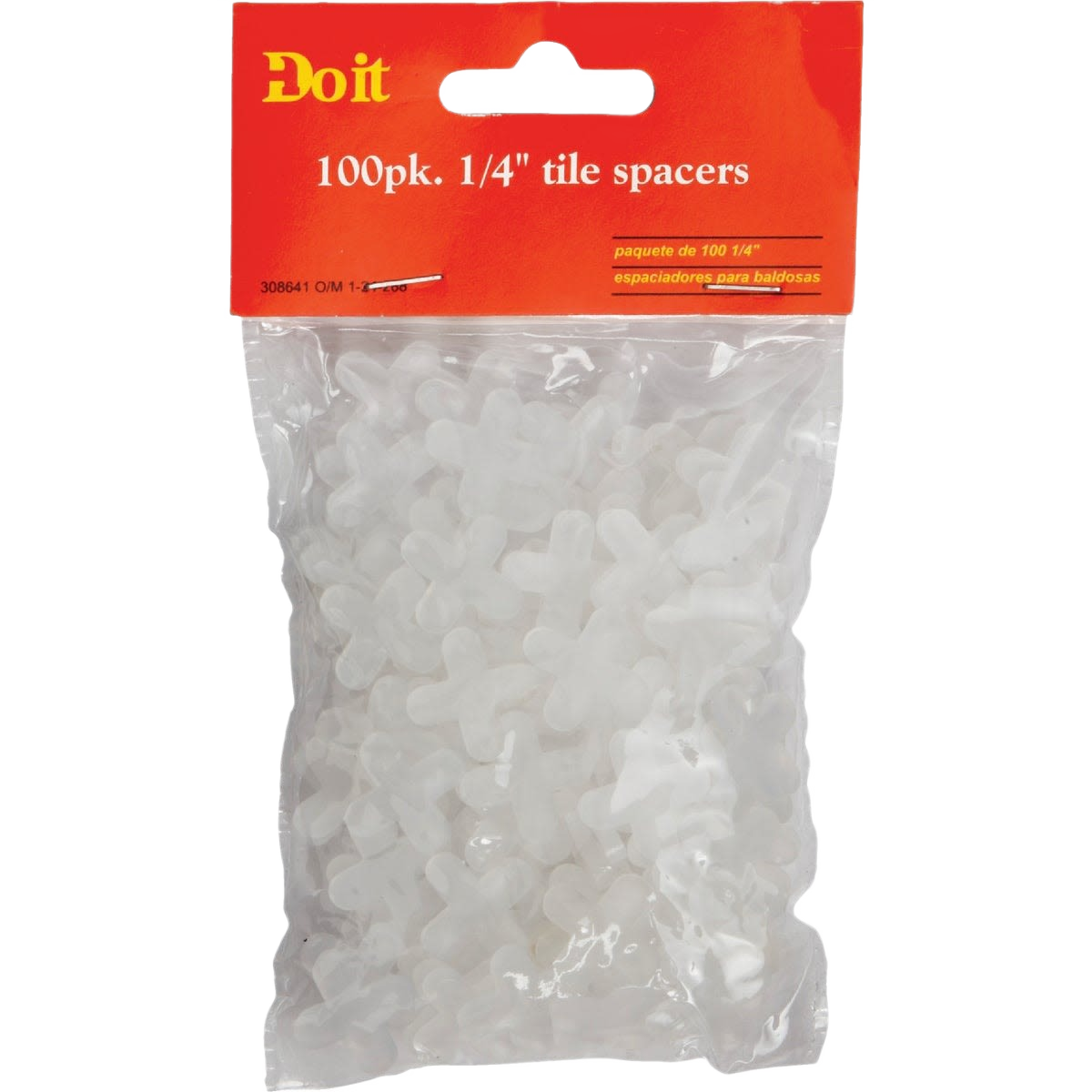 Clear plastic tile spacers in a sealed package with red header for home improvement use