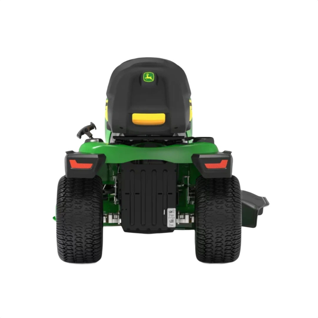 Rear view of a green riding lawn tractor with wide rear tires and black cushioned seat designed for home lawn maintenance