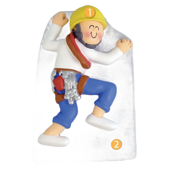 Personalized male rock climber figurine with yellow helmet and blue pants in Christmas Ornaments & Tree Decorations collection