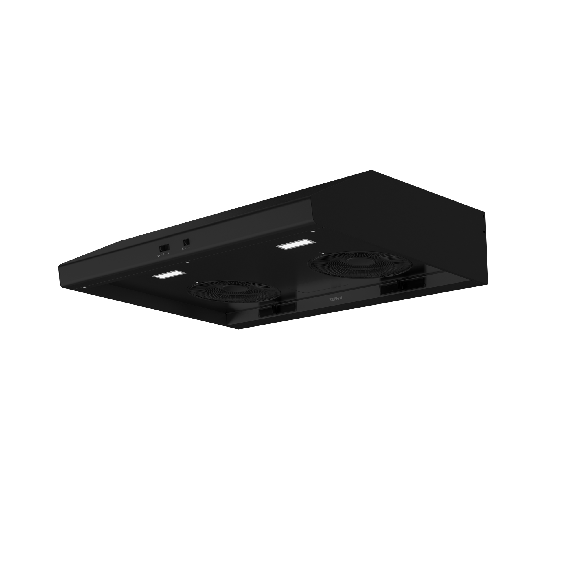 Black under cabinet range hood with LED lights and centrifugal blowers for efficient ventilation in modern kitchens