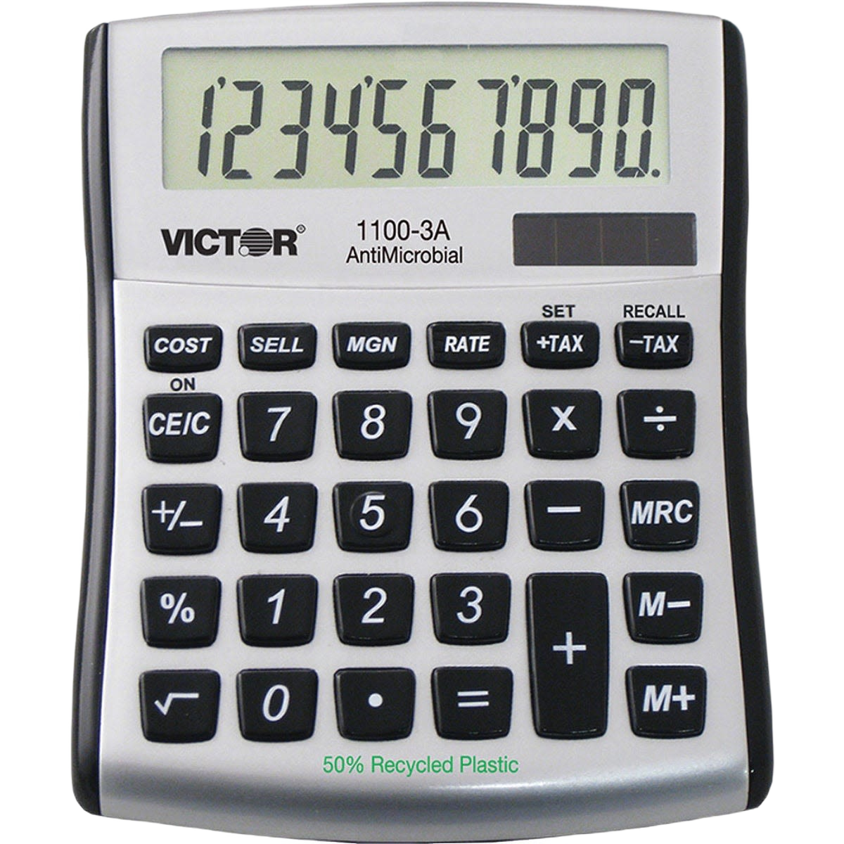 Compact silver hand-held calculator with antimicrobial feature and large angled display for office supplies collections under $50