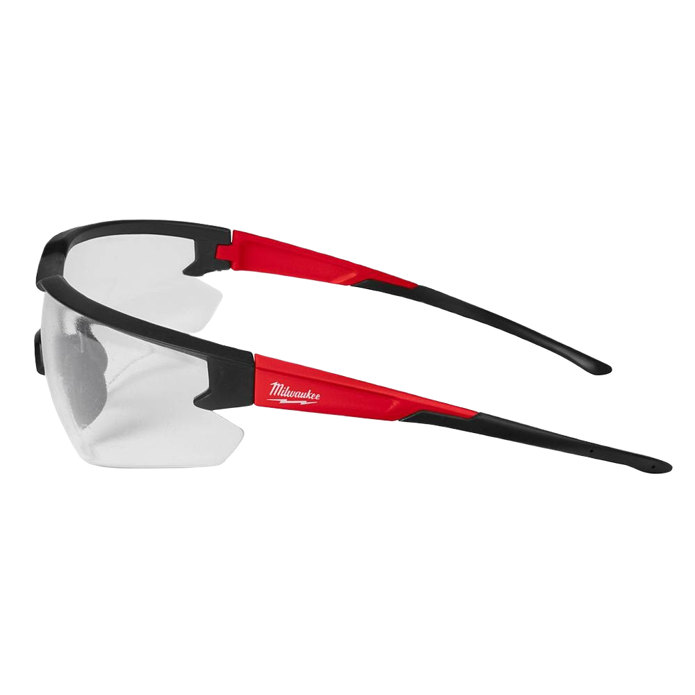 Clear lens safety glasses with black and red frame for durable eye protection in hardware and safety gear collections