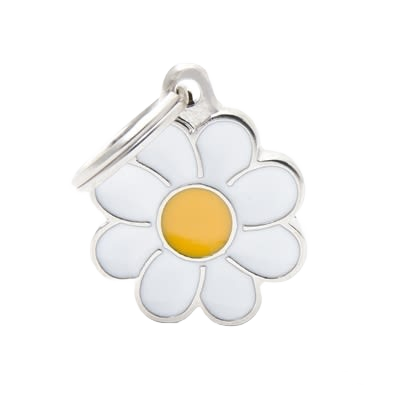 White and yellow daisy-shaped pet ID tag with silver trim and attached keyring for secure identification
