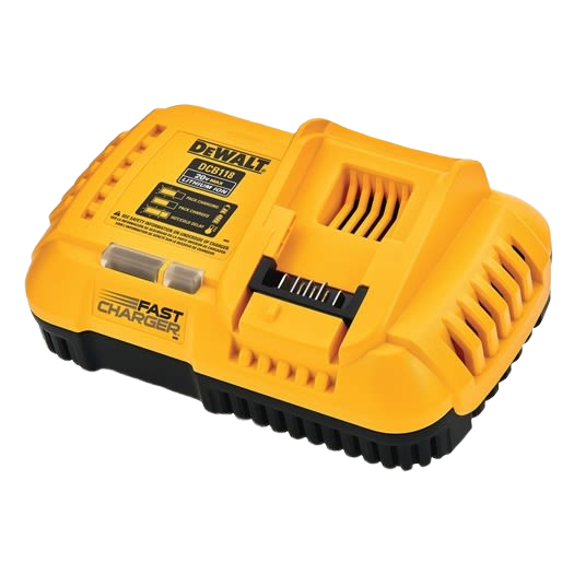Compact yellow flexible voltage fast charger designed for power tool batteries in home improvement projects