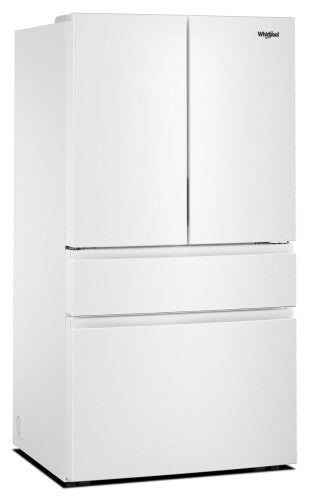 White French door refrigerator with dual bottom drawers and streamlined design from kitchen appliances collection