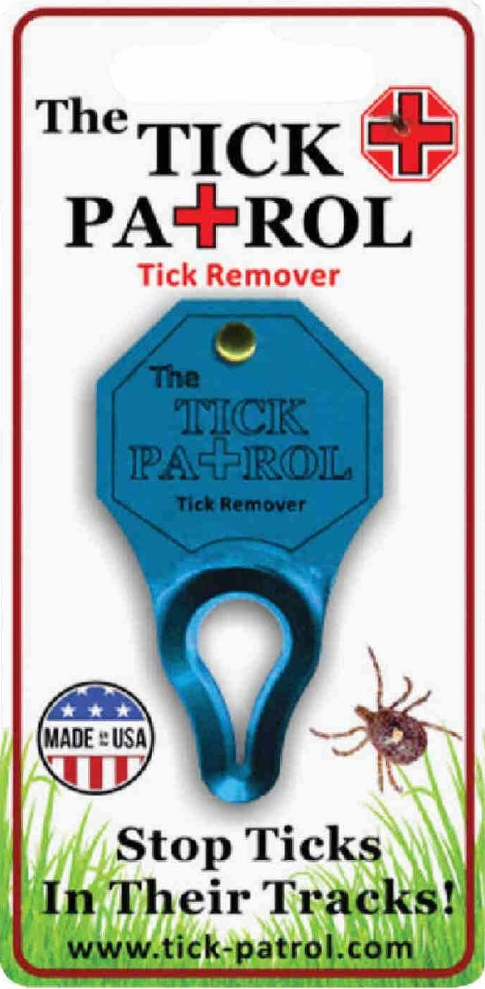Blue anodized aluminum tick remover tool on branded card for pet and farm tick removal under $25 collection