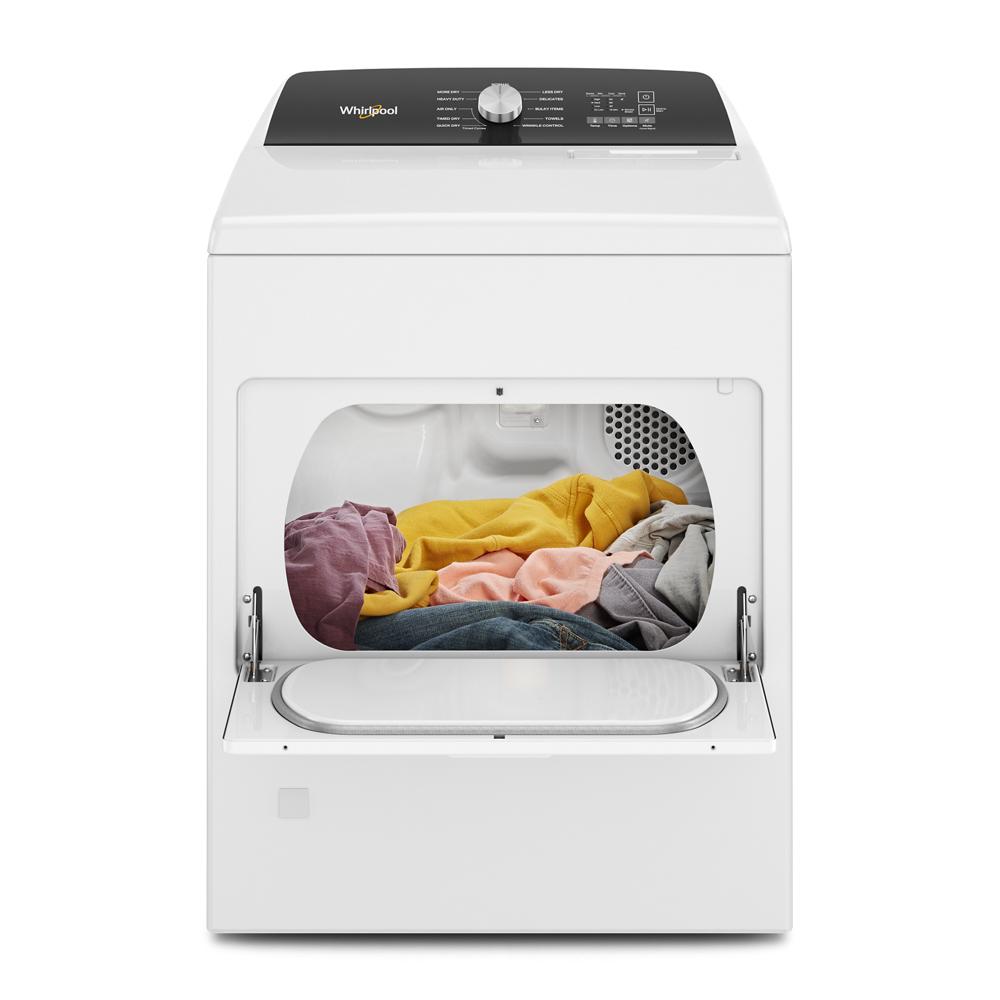White top load dryer with open door displaying colorful clothes inside drum from Dryers appliances collection