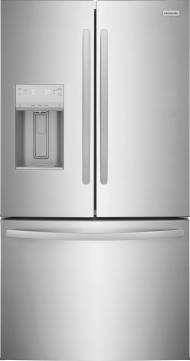 Stainless steel French door refrigerator with built-in water dispenser and bottom freezer drawer for kitchen appliances collections