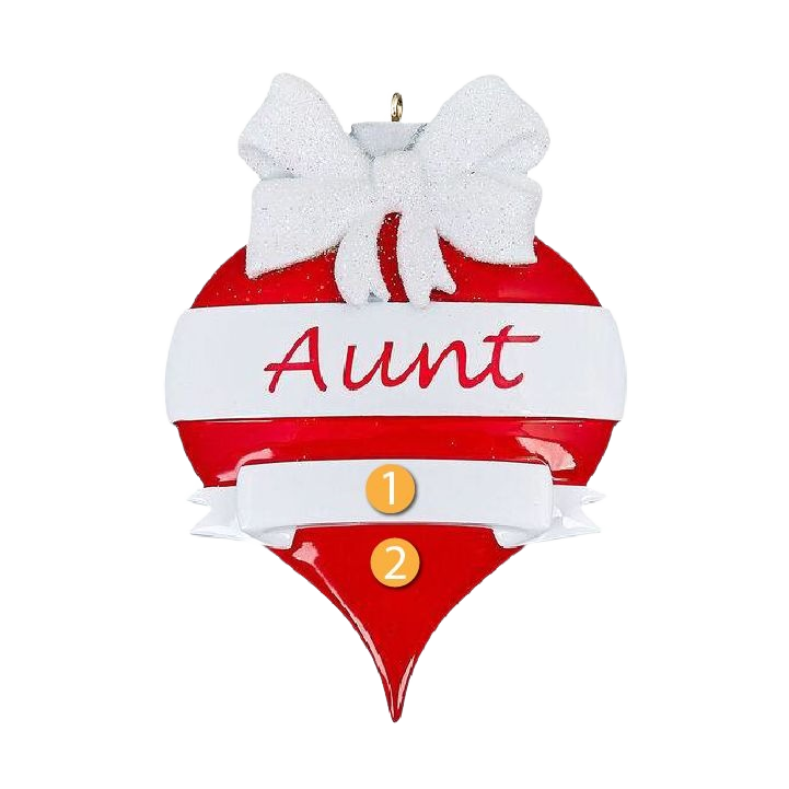 Red and white teardrop Christmas ornament with glittery bow and personalized Aunt text in holiday decor collection