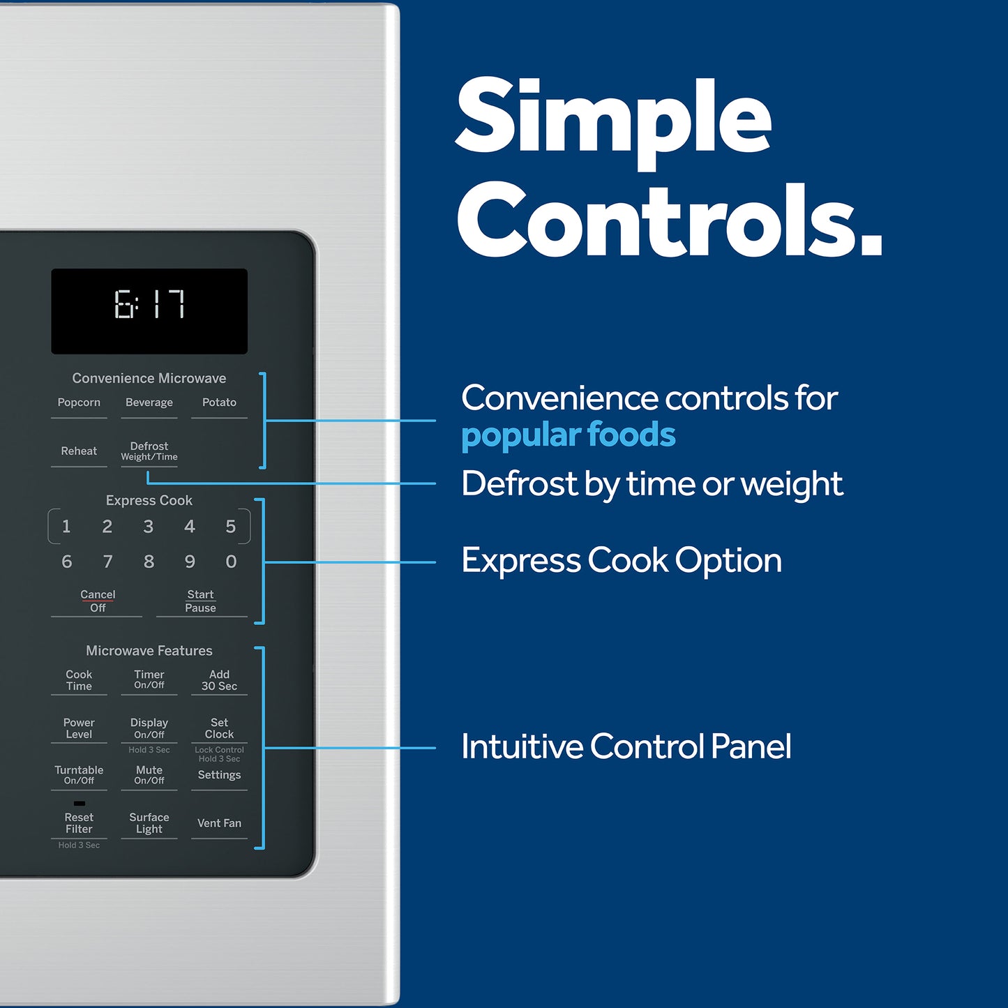 Close-up of digital control panel on over-the-range microwave showing convenience and express cook settings
