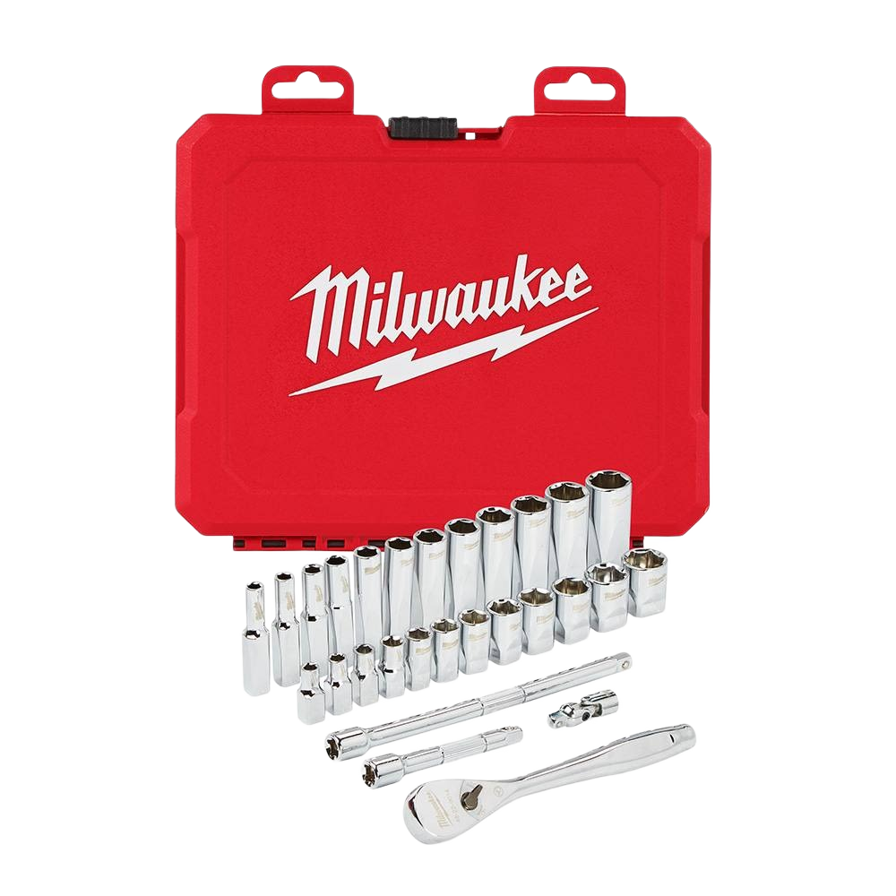Red hard case with chrome sockets set, ratchet handle, and extensions for hand tools and home improvement tasks