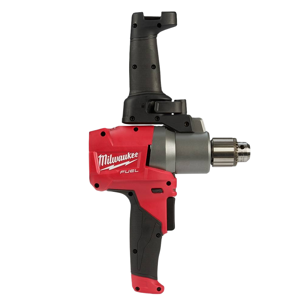 Red and black Milwaukee cordless mud mixer with ergonomic 180-degree handle for power tool and home improvement use