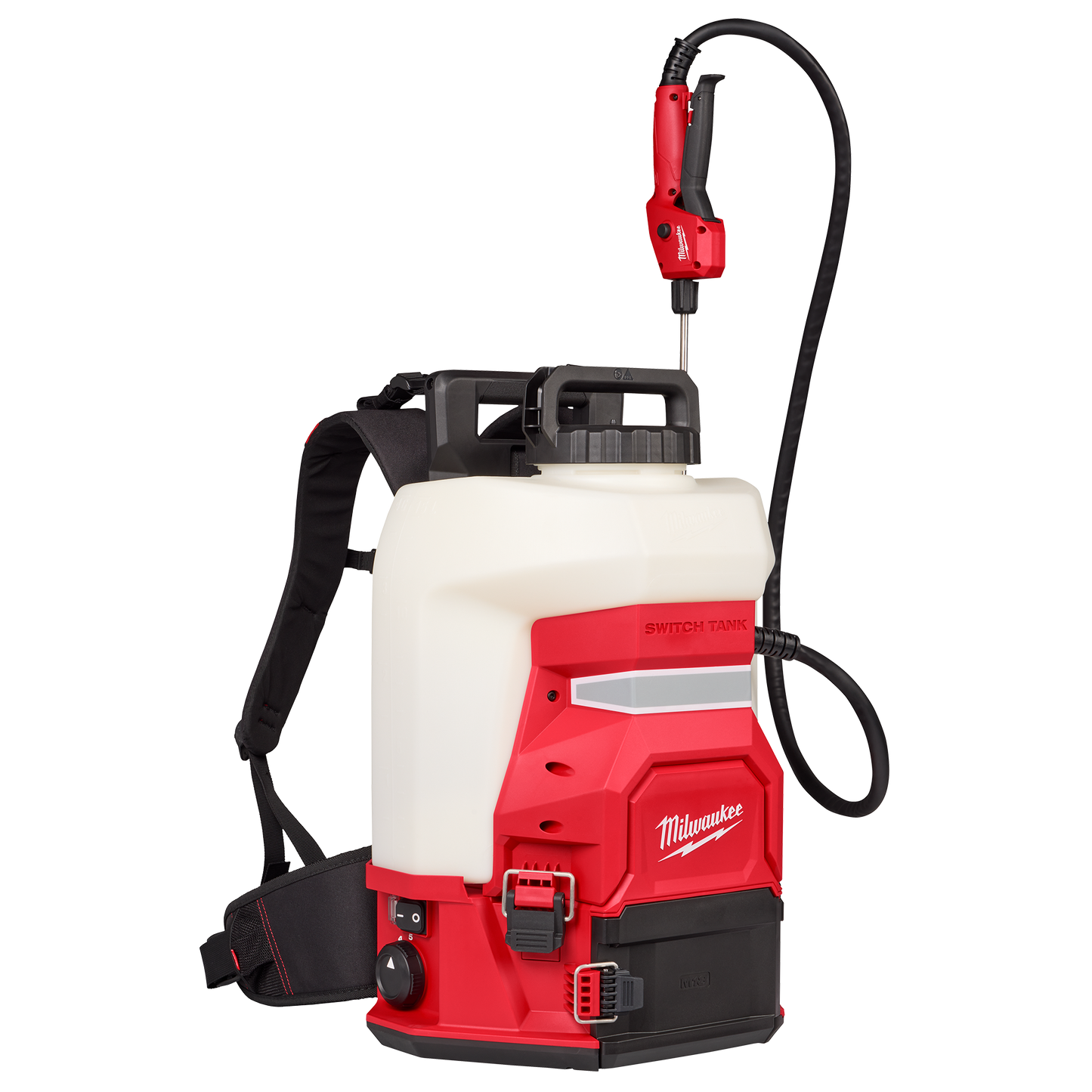 Red and white 4-gallon backpack sprayer with adjustable hose and ergonomic grip for tools and home improvement tasks