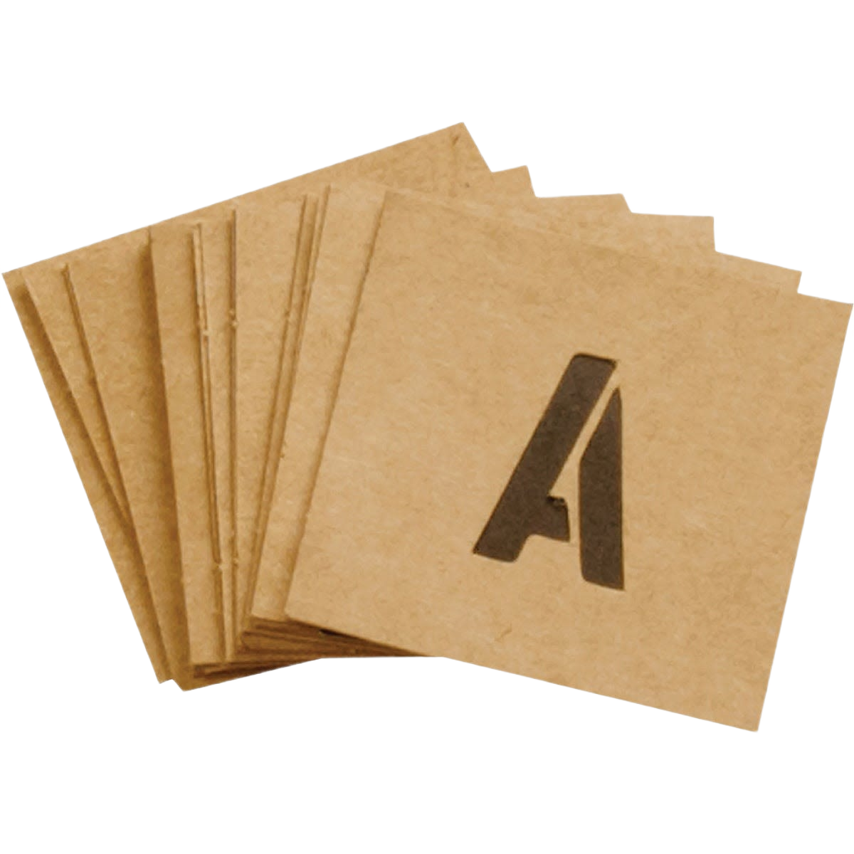 Stack of brown cardboard stencils featuring cutout letters, numbers, and symbols for home improvement projects