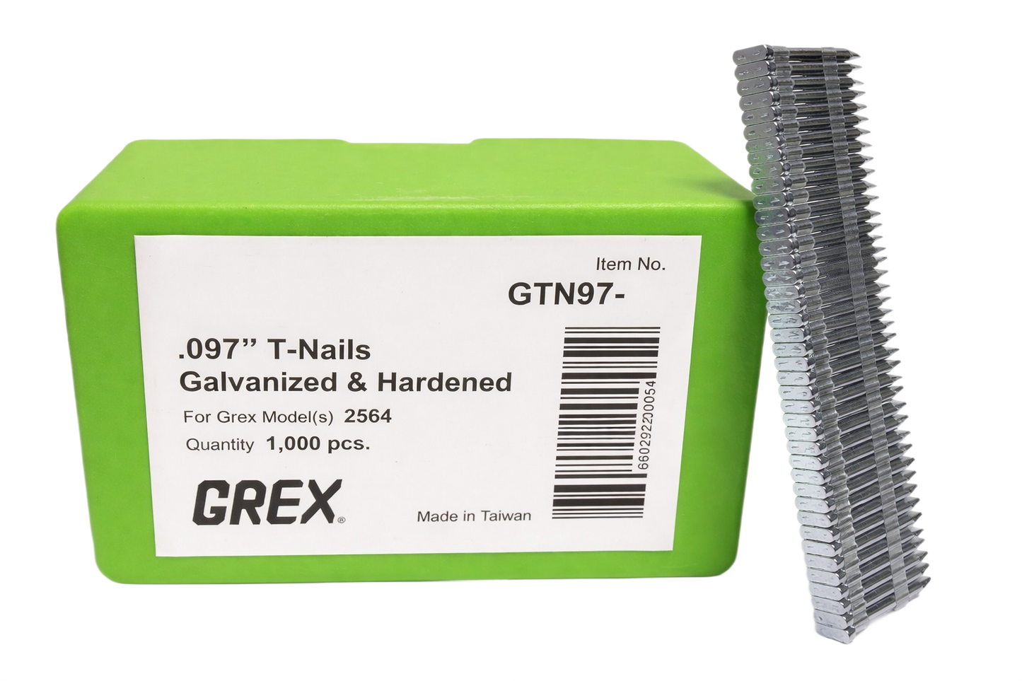 Galvanized and heat-treated T-nails collated in strips and packaged for hardware and home improvement use