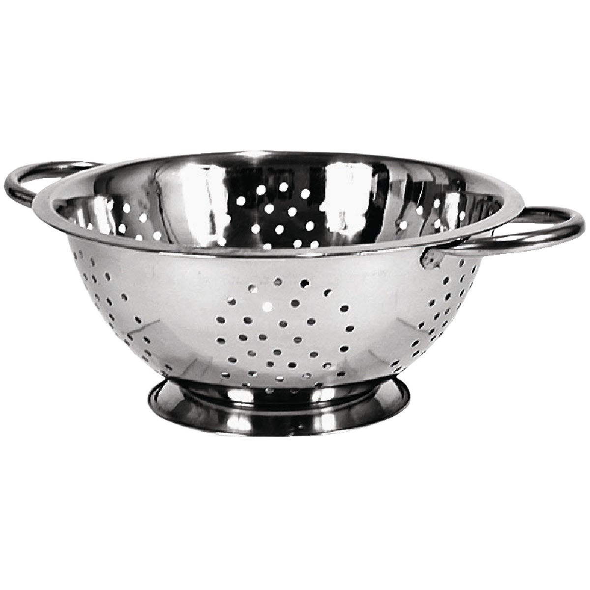 High gloss stainless steel colander with handles and perforations for straining in kitchenware and gadgets collections