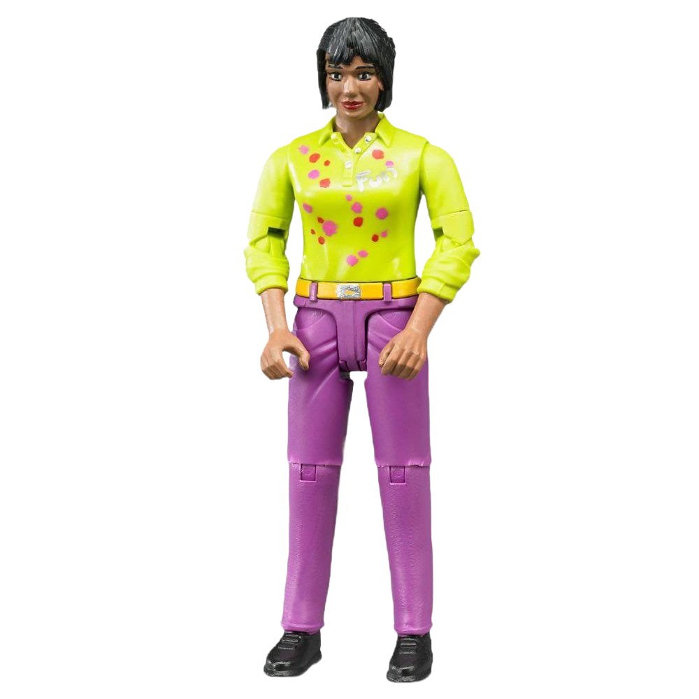 Toy figure of a woman with medium skin tone wearing a bright yellow top and pink pants in a standing pose