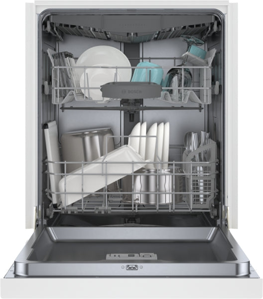 Open white 300 Series dishwasher loaded with dishes, cookware, and glassware from Bosch kitchen appliances collection