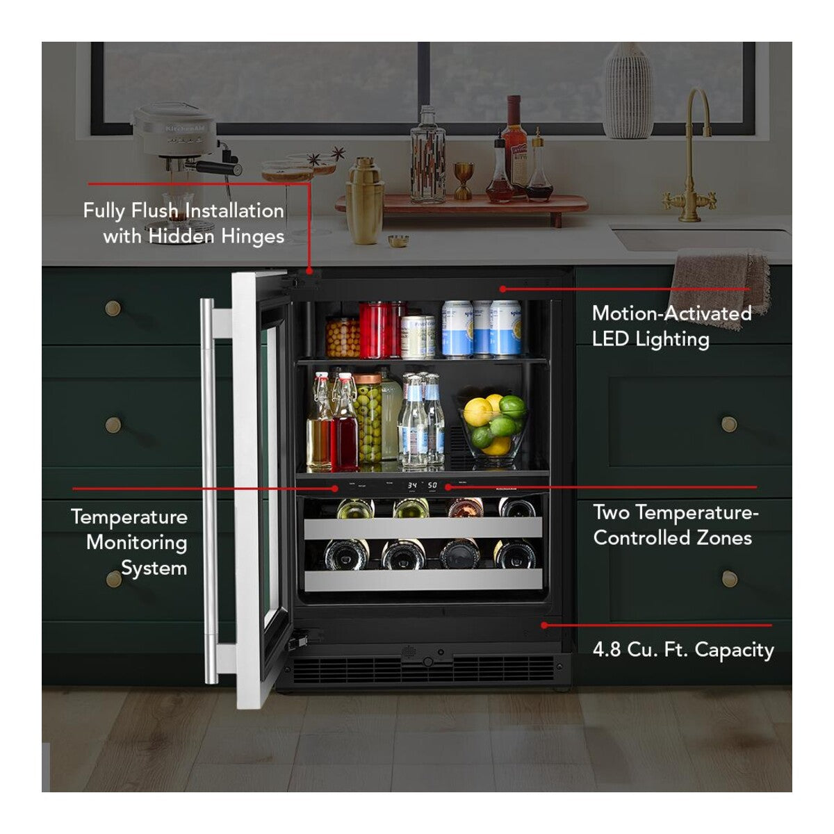 4.8 Cu. Ft. 24-Inch Beverage Center with Left Door Swing and 14-Wine Bottle Capacity with Metal-Front Racks in Stainless Steel