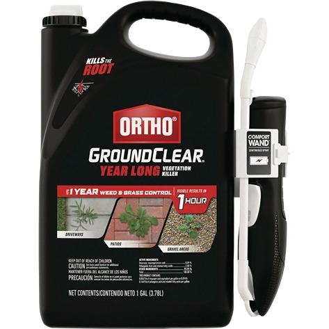 1-gallon black container of Ortho GroundClear vegetation killer with attached Comfort Wand for lawn care under $50 collections