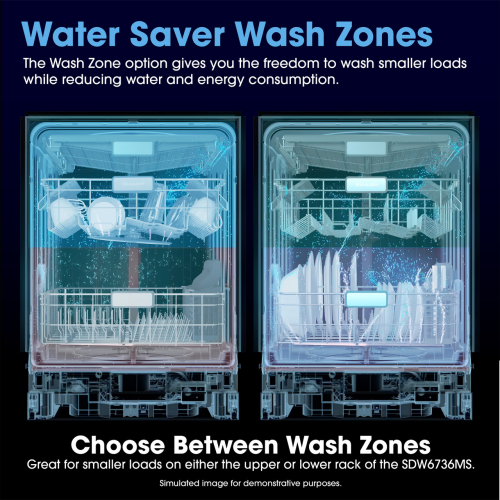 Transparent view of dishwasher interior showing water spray targeting either upper or lower rack for energy-saving wash zones