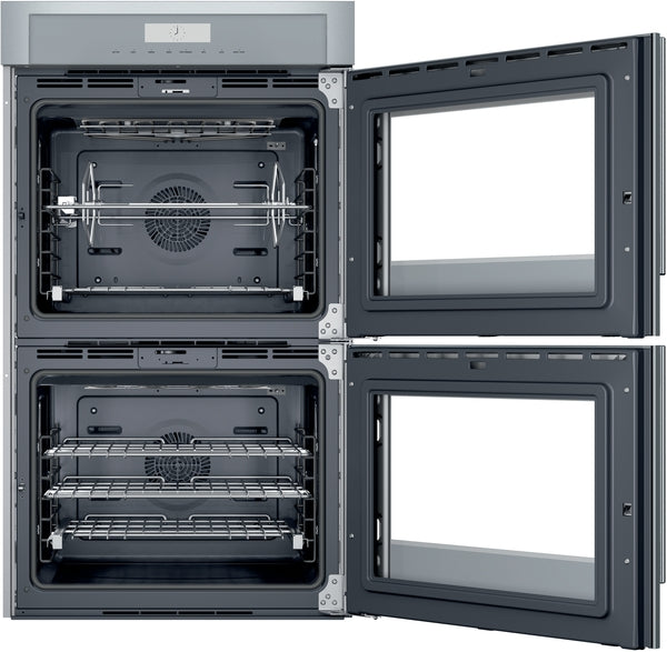 Built-in stainless steel double wall oven with side-opening doors and adjustable racks for kitchen appliances collection