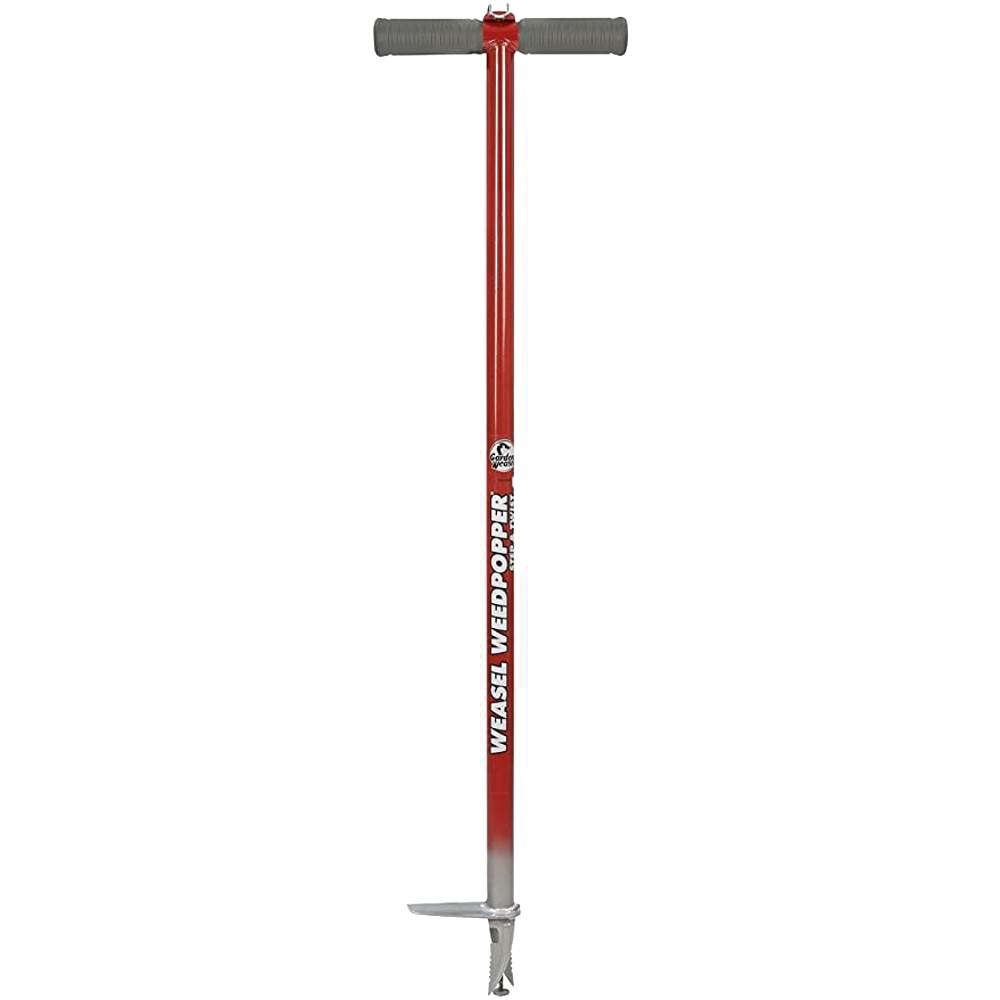 Red and silver metal weed removal tool with T-shaped handle and foot pedal for garden and outdoor hand tools use