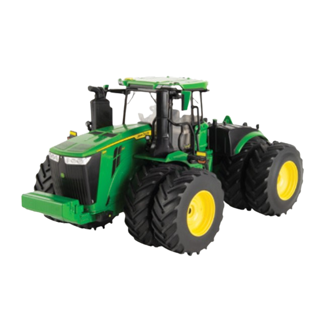 Green and yellow John Deere 9R 640 tractor model with dual rear tires and detailed cab features for collectors