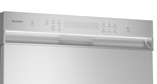 Close-up of stainless steel dishwasher control panel with digital display and cycle options from kitchen appliances collection