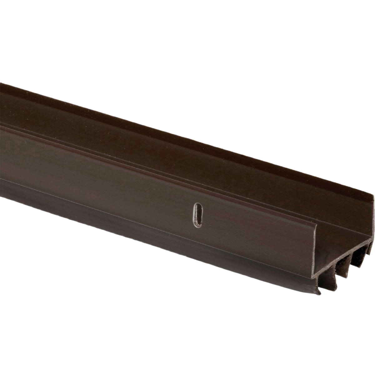 Brown U-shaped door bottom with vinyl fins designed to block drafts, dust, and moisture for home improvement hardware.