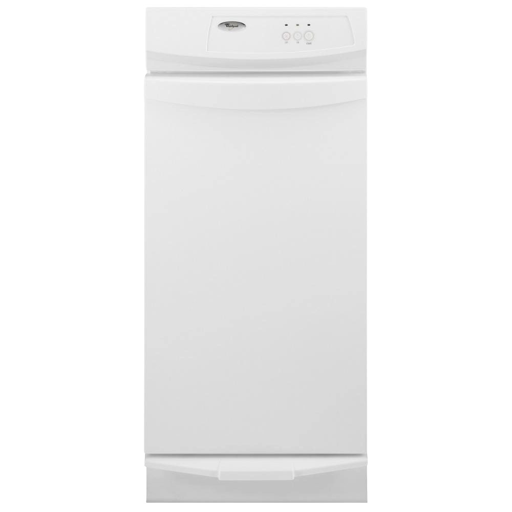 White 15-inch trash compactor with top control panel featuring three round buttons, designed for kitchen and home improvement use in Trash Compactors and Appliances collections.