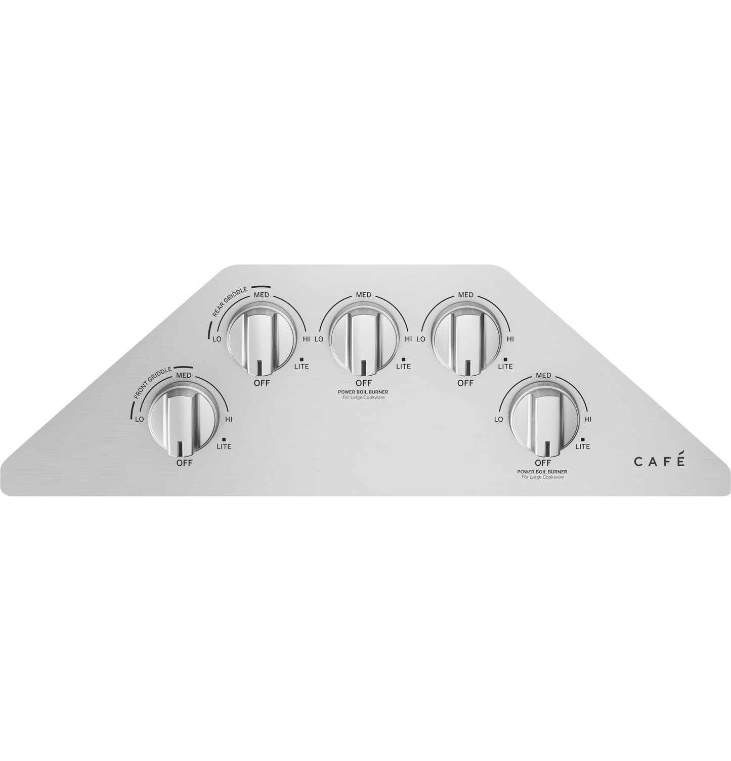 Stainless steel control panel with five round knobs for adjusting burner heat settings from Gas Cooktops collection