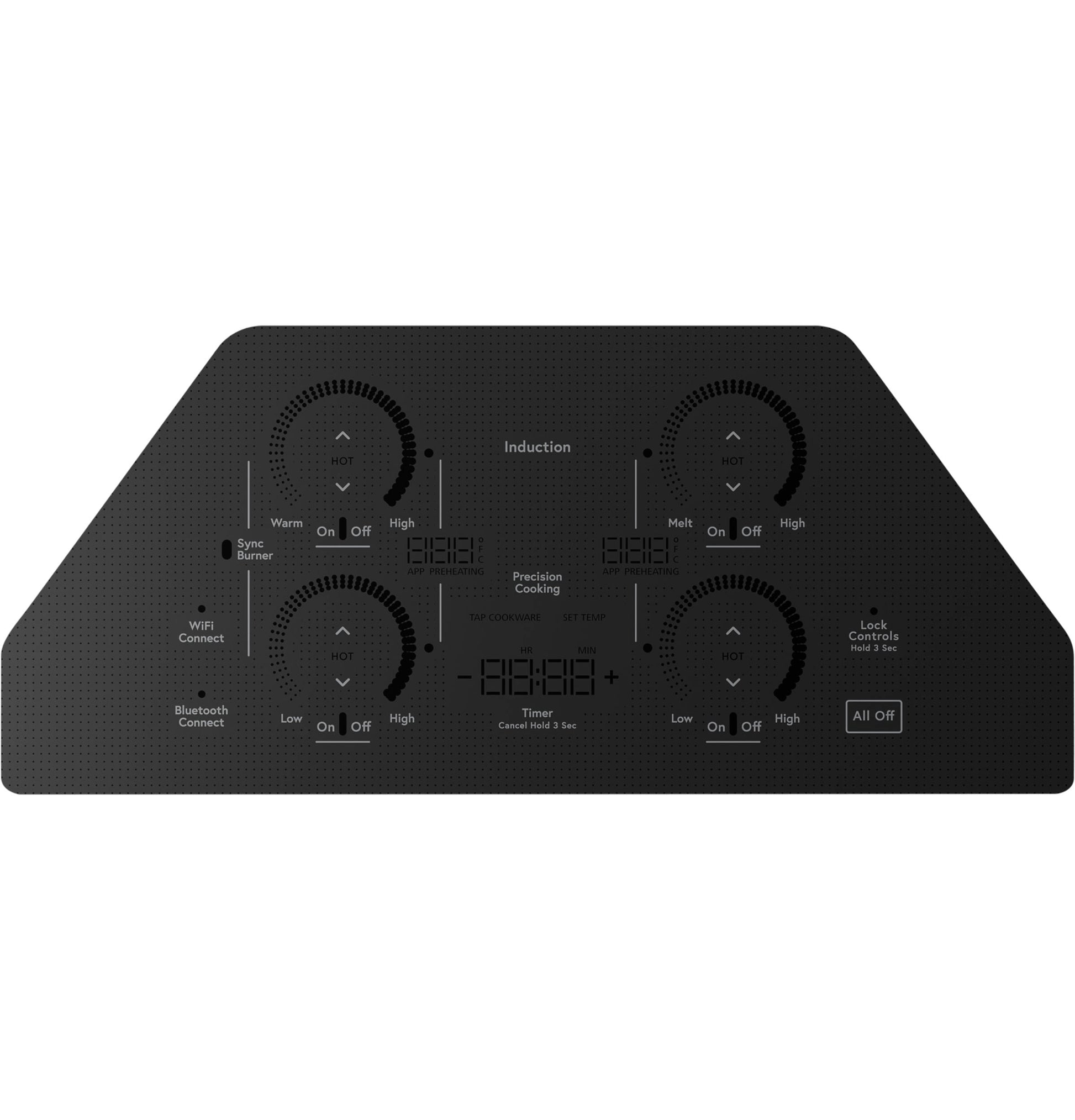 Black glass touch control induction cooktop with four cooking zones, smart features, and precision cooking display panel