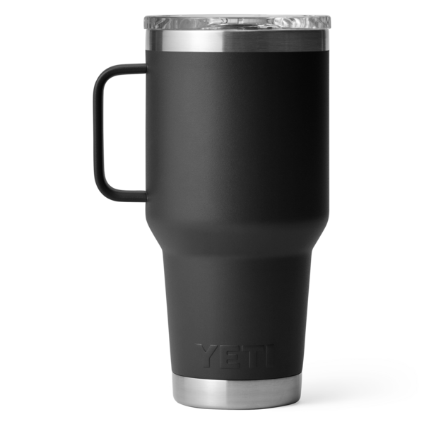Matte black stainless steel 30 oz travel mug with handle and clear lid designed for durability in drinkware and kitchenware collections under $100.