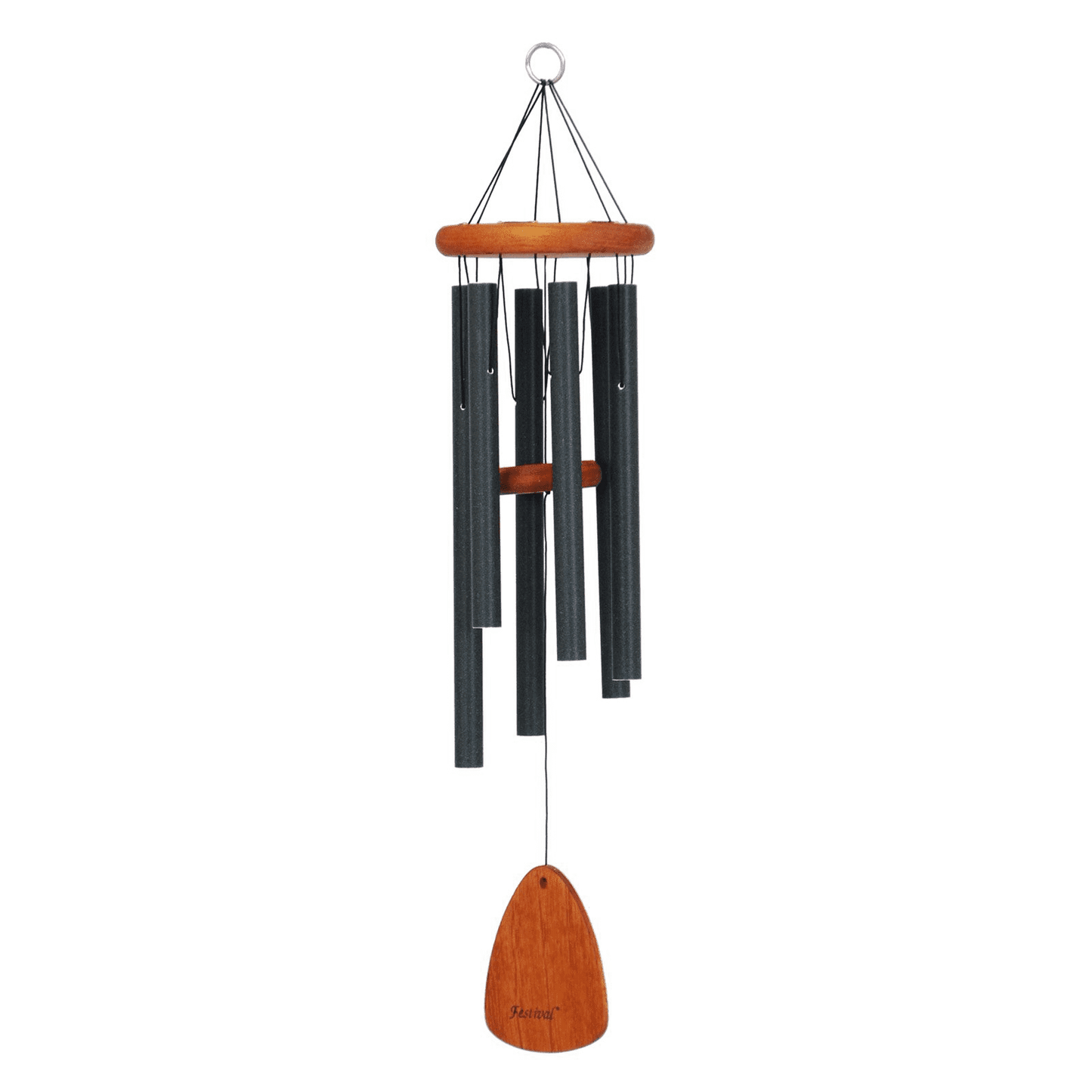 Decorative outdoor wind chime with black metal tubes and forest green wooden accents for home improvement use