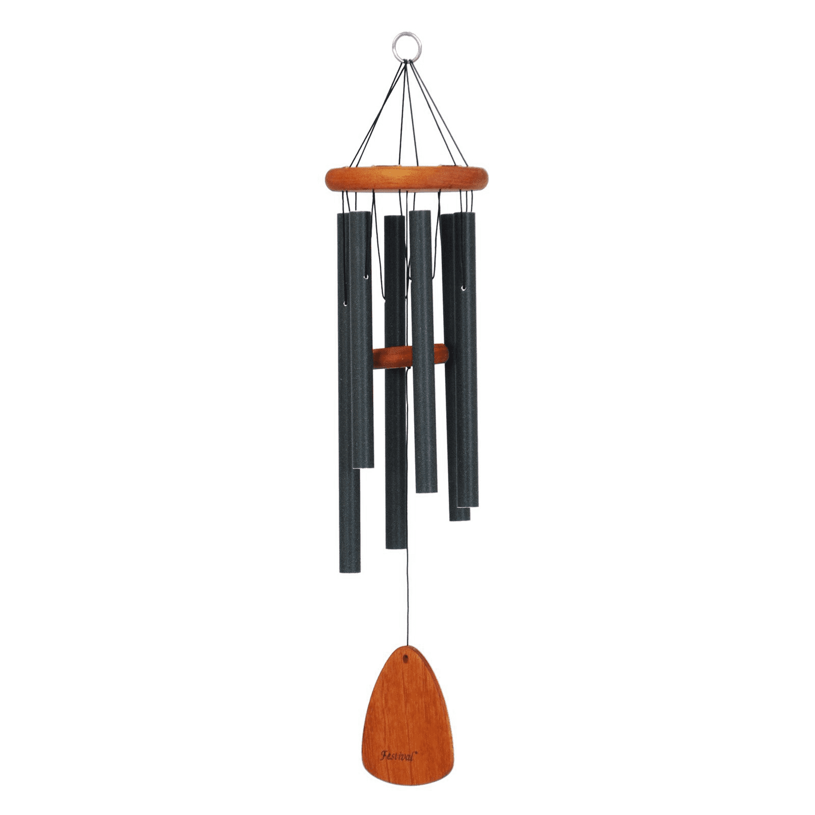 Decorative outdoor wind chime with black metal tubes and forest green wooden accents for home improvement use