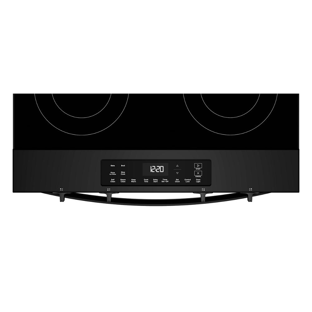 Top view of black electric range control panel with digital display and function buttons from appliances collection