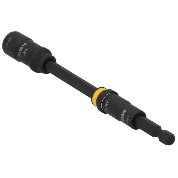 Black and yellow double-ended 6-inch nut driver with multiple size sockets for home improvement tools use