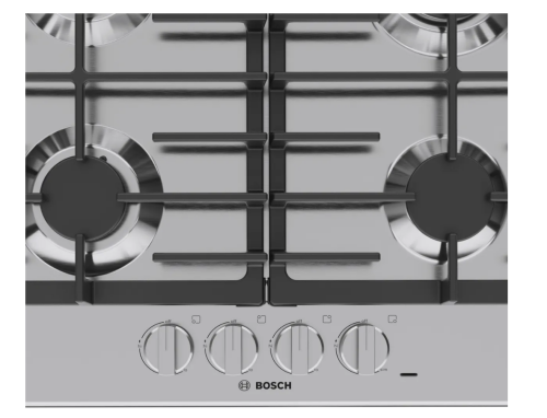 Stainless steel gas cooktop with four high-efficiency burners, cast iron grates, and metal control knobs in Bosch cooktops collection
