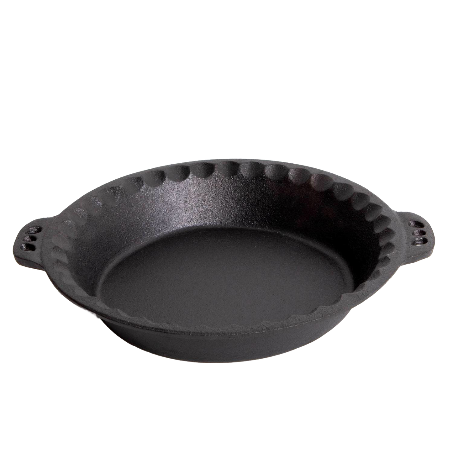 Black cast iron pie pan with crimped edges and side handles, part of kitchenware and under $50 collections