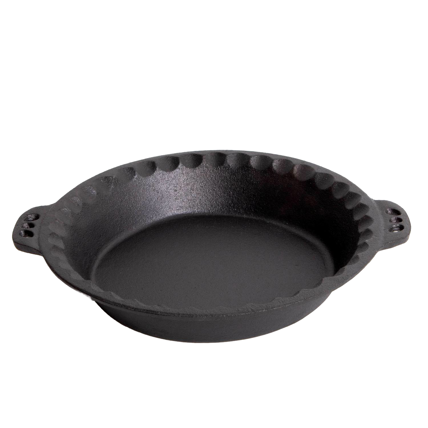 Black cast iron pie pan with crimped edges and side handles, part of kitchenware and under $50 collections