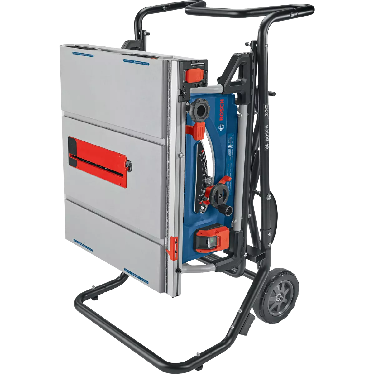 Compact Bosch 10-inch portable table saw on wheeled stand, designed for woodworking and home improvement projects