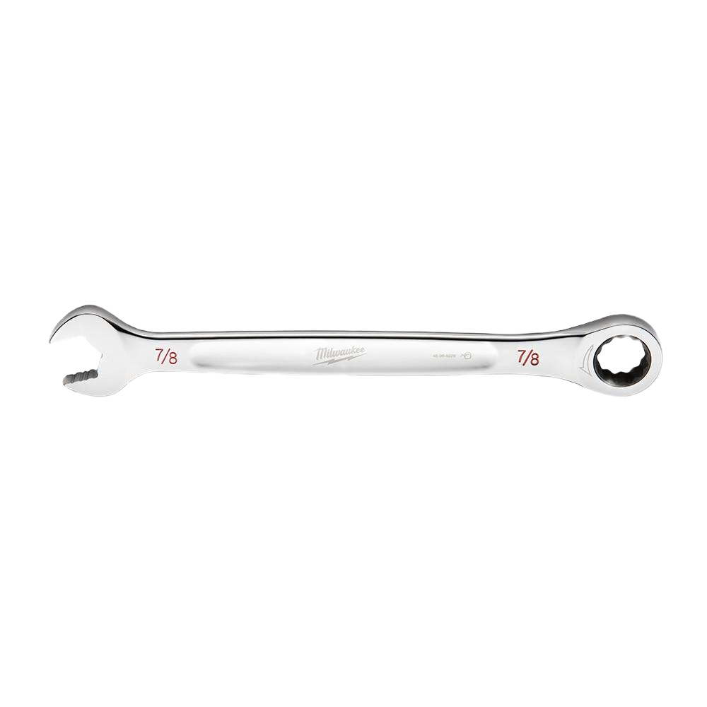 Polished steel 7/8 ratcheting combination wrench with open and box ends for tools and home improvement tasks
