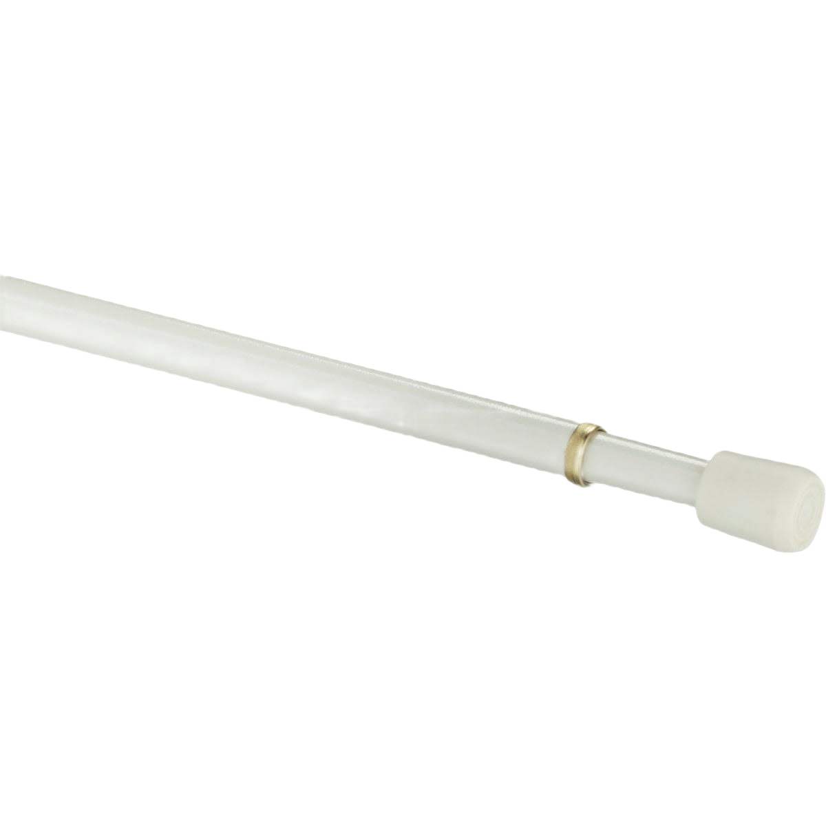 White adjustable spring tension rod with rubber end caps for easy window treatment installation and home improvement use